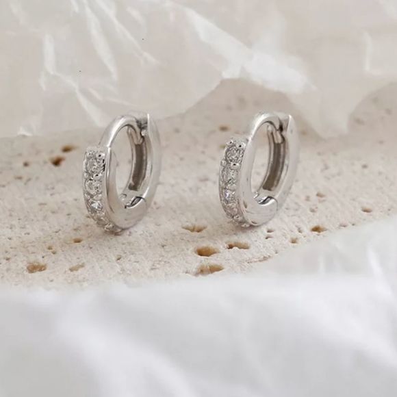 Diamond Silver Earrings, Cubic Zirconia Pierced Hoops, 925 Sterling Silver - Picture 8 of 10